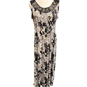 Jaclyn Smith Beaded-Neckline Sleeveless Maxi Dress in Black, Cream and Tan
